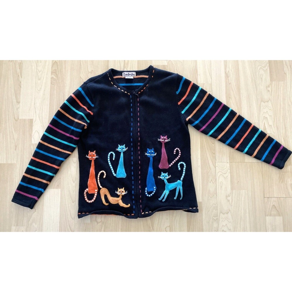 Vtg Timberlea Sweater Women Large Cat Design Zip Up Beading